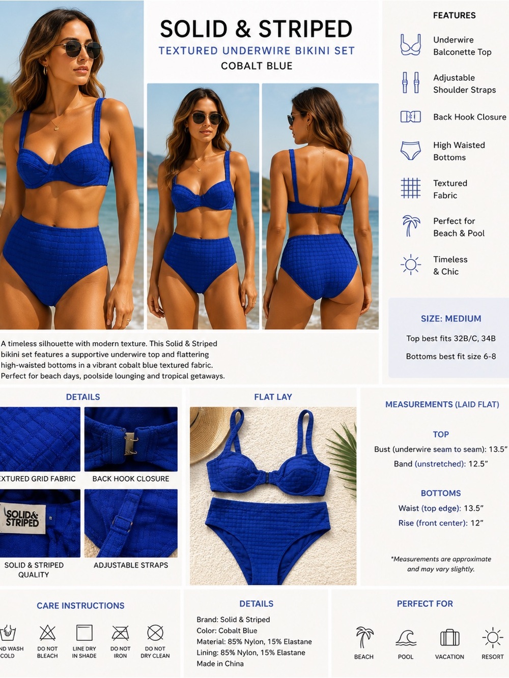 Solid & Striped Cobalt Blue Underwire Bikini Set Women's Medium High Waist